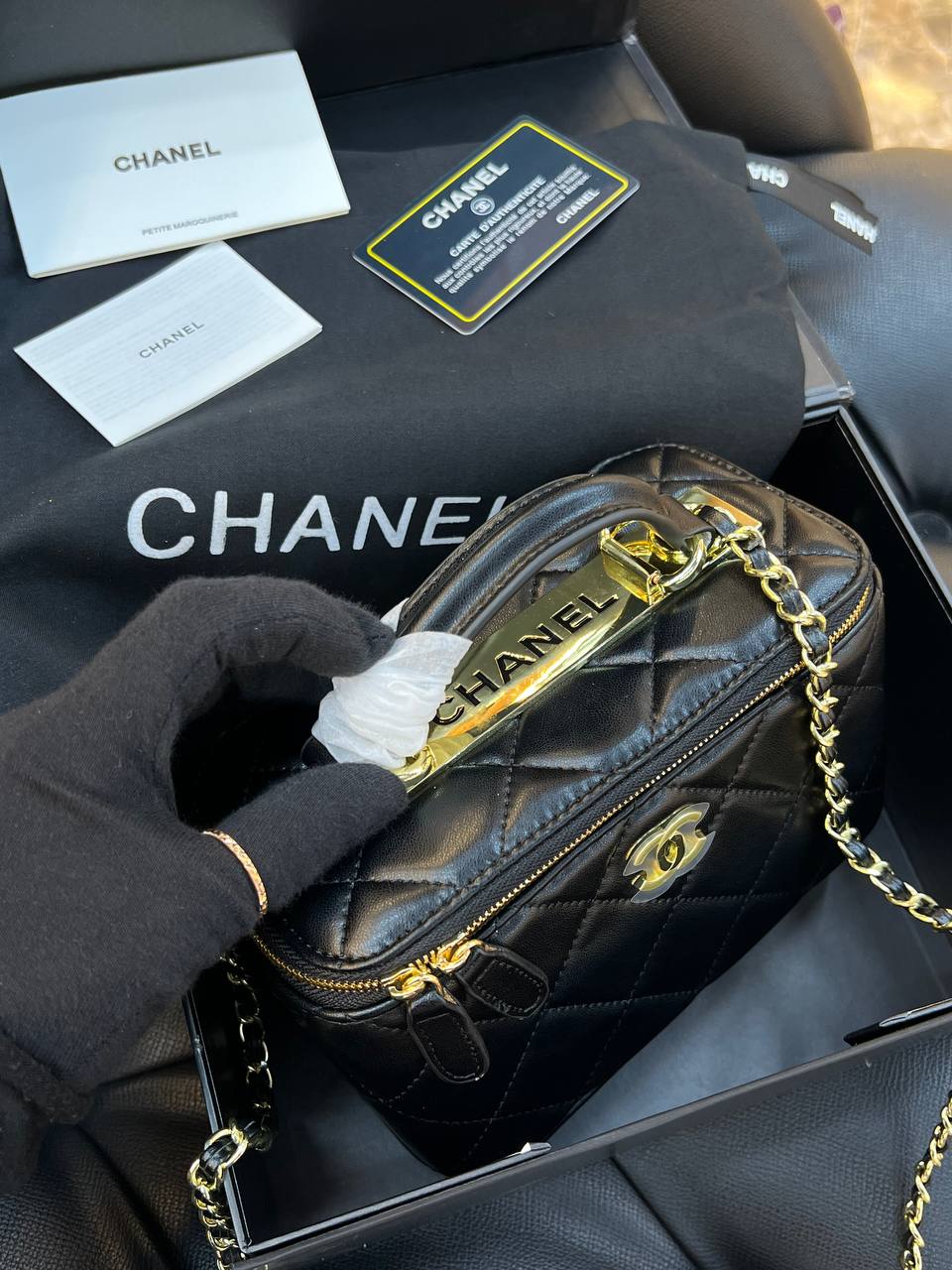 Chanel Lambskin Quilted Vanity Case with Top Handle