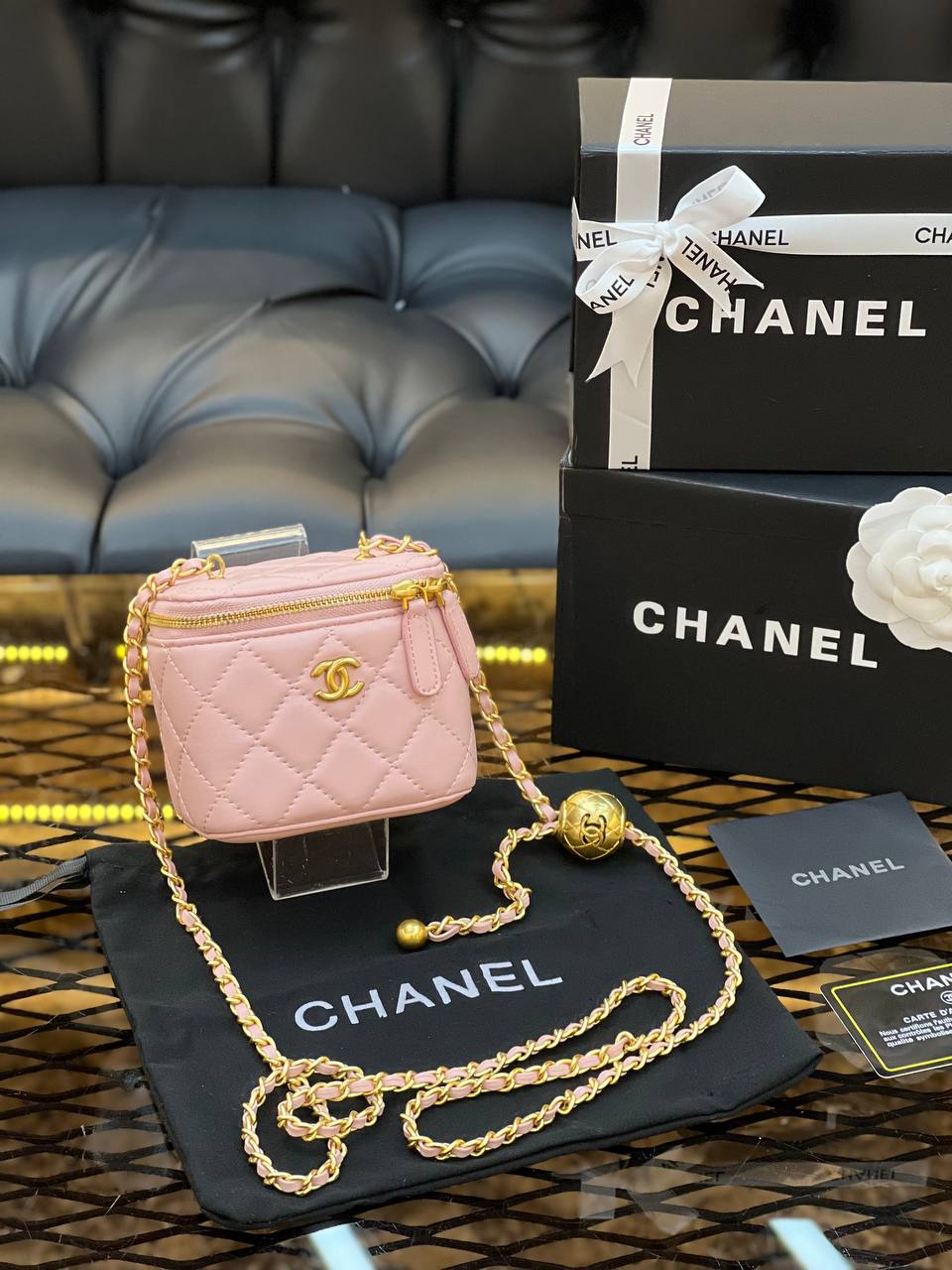 Chanel Lambskin Quilted Mini Vanity Case with Adjustable Pearl Chain