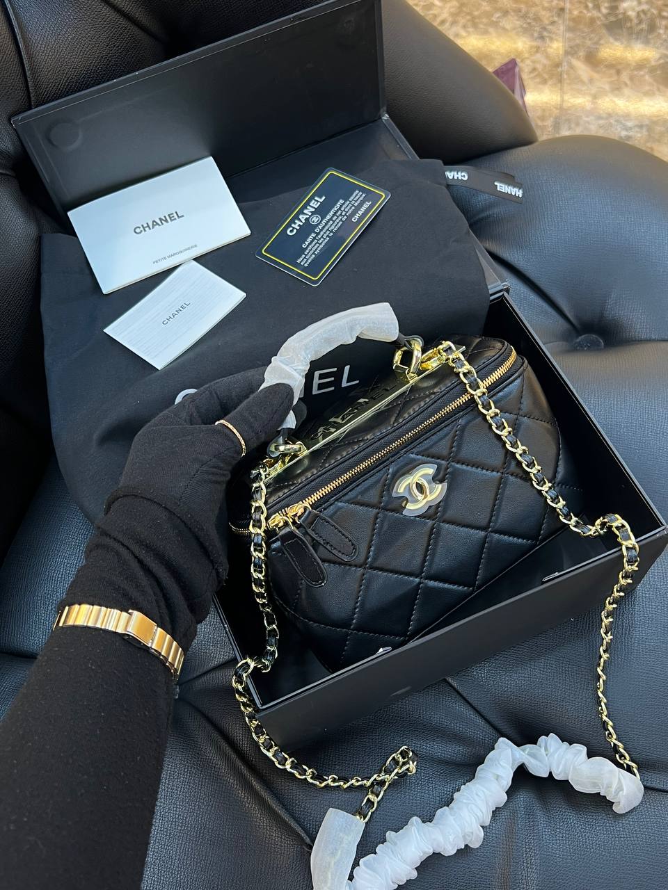 Chanel Lambskin Quilted Vanity Case with Top Handle
