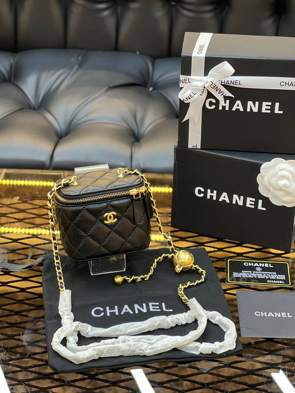Chanel Lambskin Quilted Mini Vanity Case with Adjustable Pearl Chain